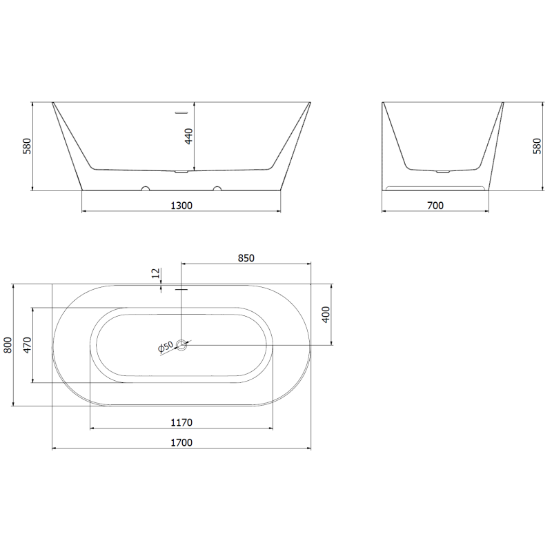 Mexen Oval Slim свободностояща вана, разположена до стената, 170 x 80 см,