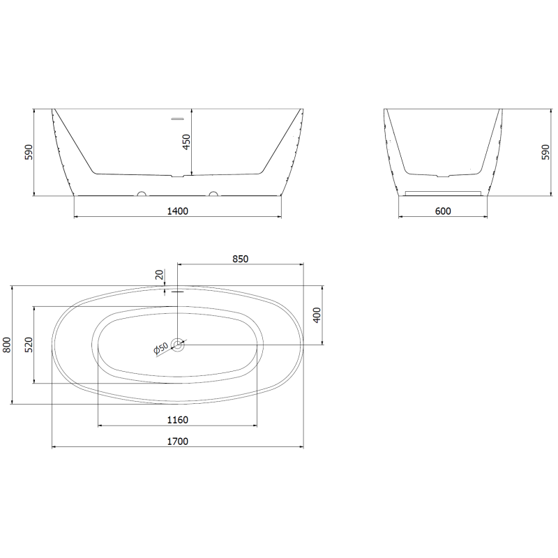 Mexen Olea самостоятелна вана модел 170 x 80 см, бяла/черна, преливник gun metal - 52821708075-95