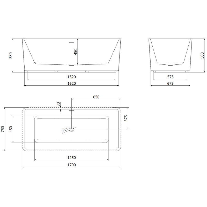 Mexen Nila свободностояща оребрена вана 170 x 75 cm, бяла, черен преливник - 52841708000-70