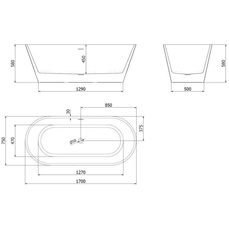 Mexen Yara свободностояща оребрена вана 170 x 75 cm, бяла/черна, преливна четкана мед - 52861707575-65