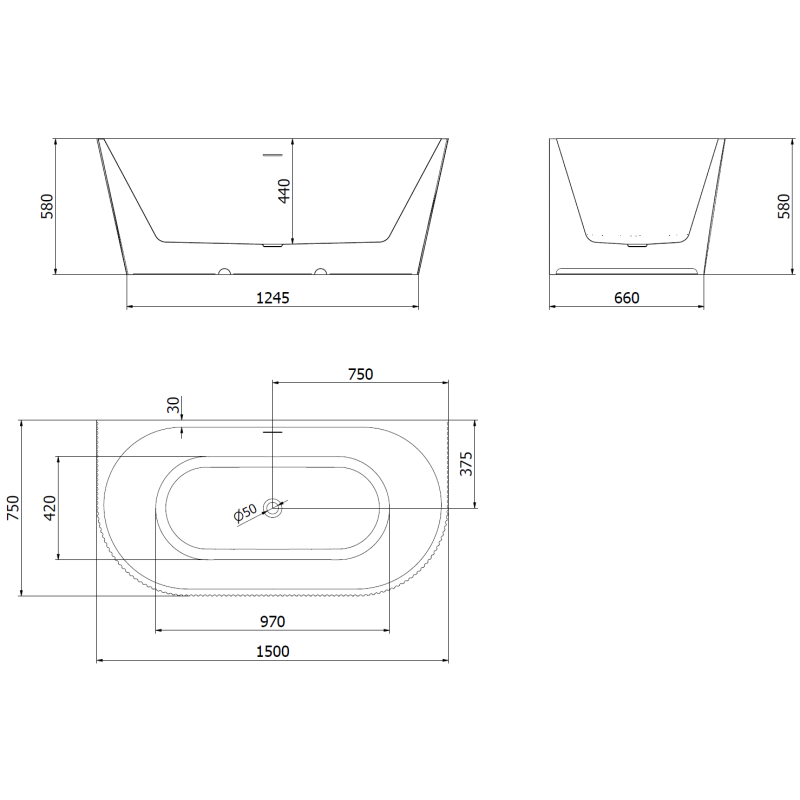 Mexen Oris самостоятелна вана до стената с резба 150 х 75 см, бяла, преливник златна четка - 52871507500-55