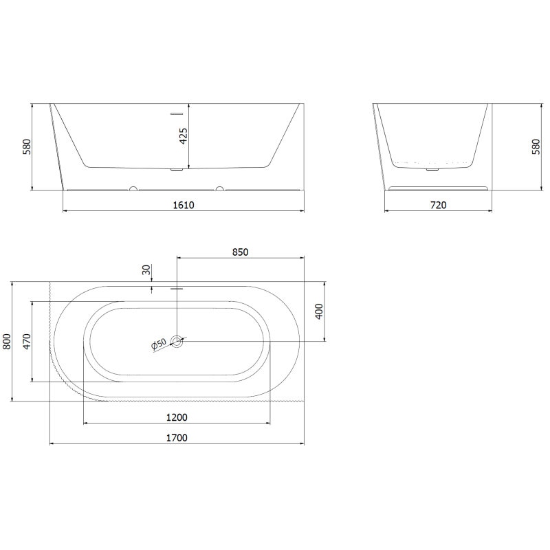 Mexen Silo свободностояща ъглова дясна вана оребрена 170 x 80 см, бяла, бял преливник - 52891708000P-20