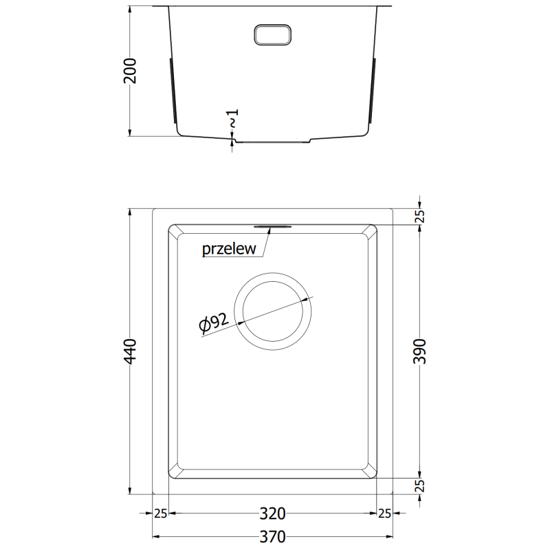 Mexen Trixo стоманена кухненска мивка 1-корпусна 370 x 440 mm, inox HC - 6412371000-01HC