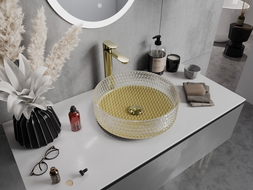 Mexen Aura стъклена умивалник за плот 39 x 39 см, прозрачен/златен - 24013951