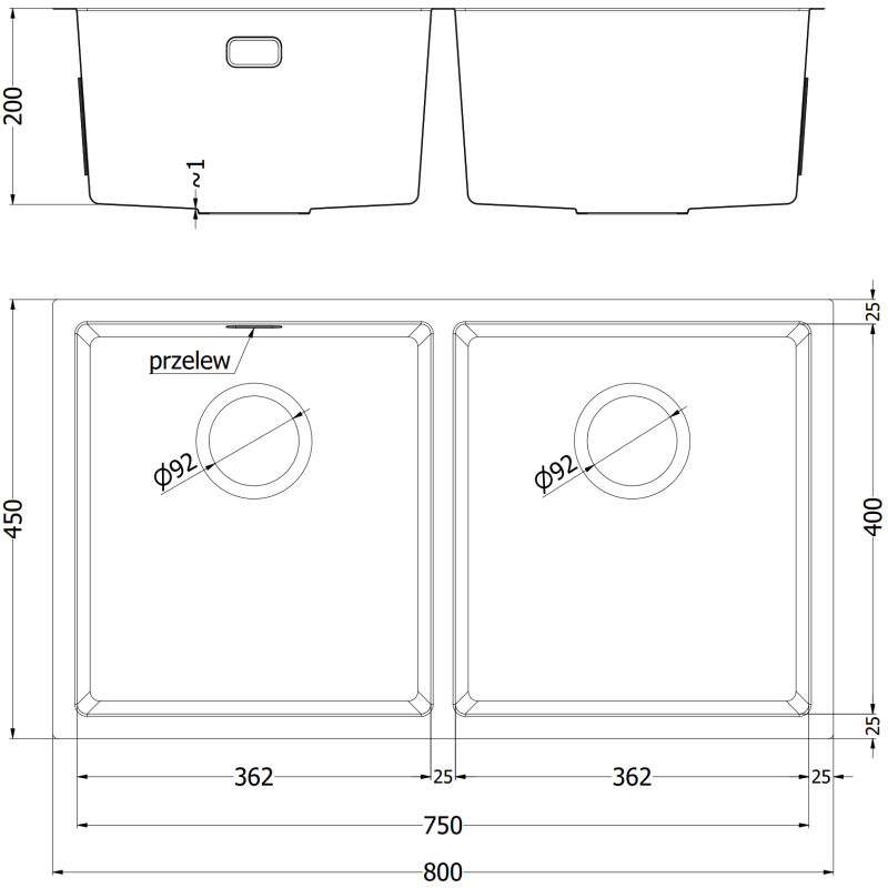 Mexen Binox мивка от неръждаема стомана, 2-камерна, 800 x 450 mm, инокс HC - 6421802000-01HC