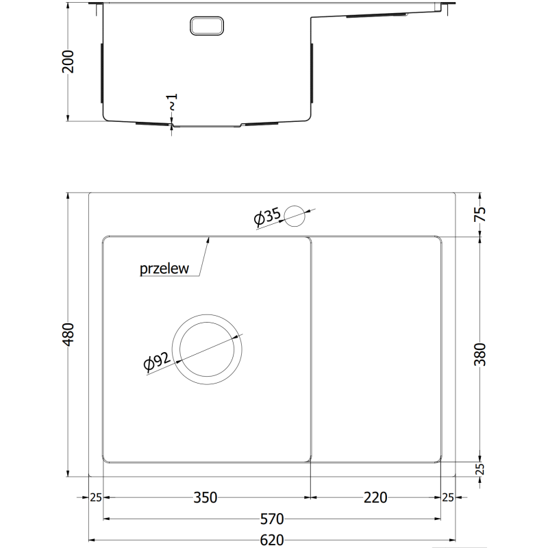 Mexen Exar стоманена мивка с 1 отделение и десен отцеждач 620 x 480 mm, черен HC -6432621005P-70HC