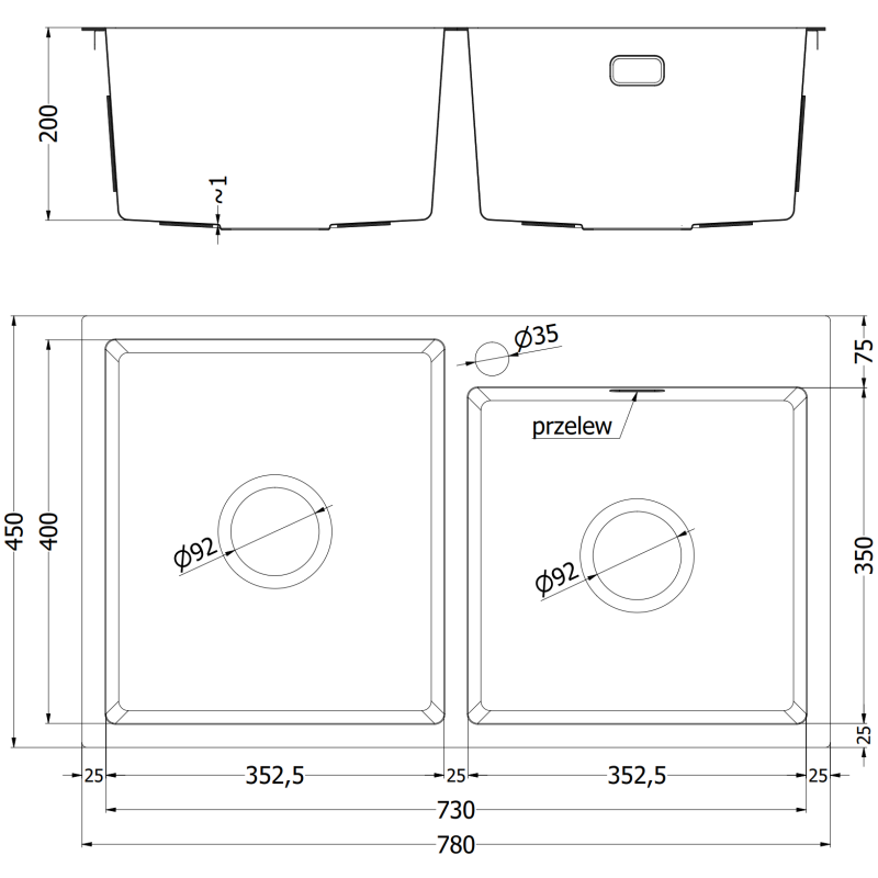 Mexen Xorin стоманена мивка с две отделения 780 x 450 мм, мед HC - 6441782000-65HC