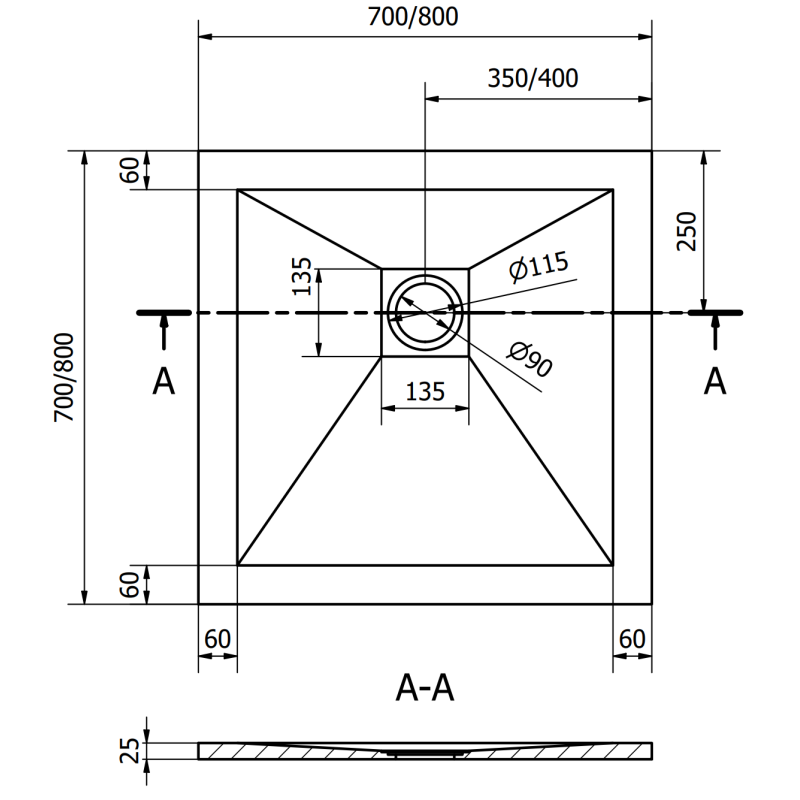 Mexen Stone+ Квадратен композитен душ под 70 x 70 см, черен - 44707070