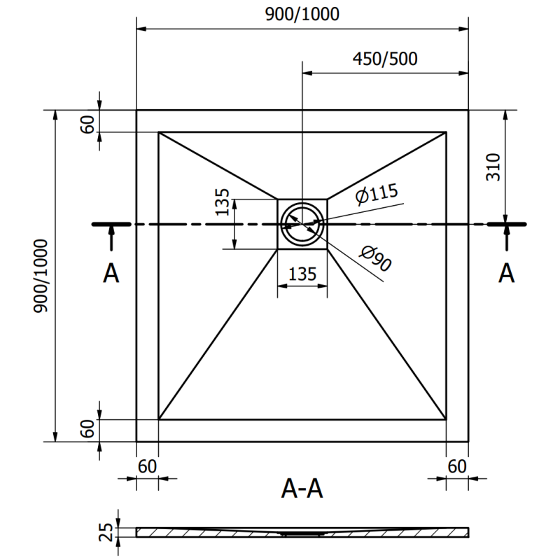 Mexen Stone+ квадратен композитен душ кабина 90 x 90 см, антрацит - 44719090