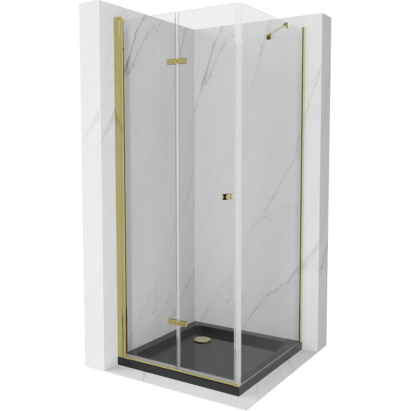 Mexen Lima сгъваема душ кабина 80 x 80 см, прозрачна, златна + тава Flat, черна