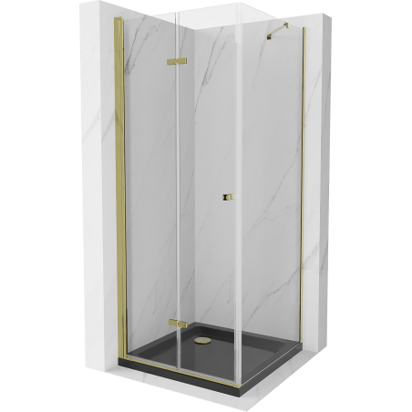 Mexen Lima сгъваема душ кабина 80 x 80 см, прозрачна, златна + тава Flat, черна