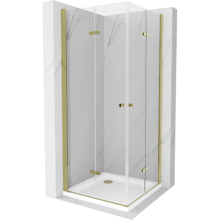 Mexen Lima Duo сгъваема душ кабина 80 x 80 см, прозрачна, златна + поддушово корито Flat - 856-080-080-50-02-4010G