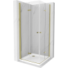 Mexen Lima Duo сгъваема душ кабина 80 x 80 см, прозрачна, златна + поддушово корито Flat - 856-080-080-50-02-4010G