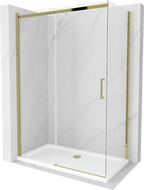 Mexen Omega плъзгаща се душ кабина 140 х 80 см, прозрачна, златна + нисък поддушник Flat - 825-140-080-50-00-4010