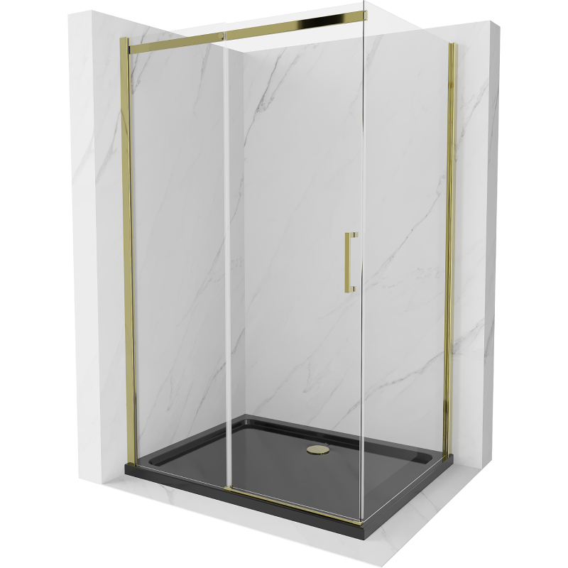Mexen Omega плъзгаща се душ кабина 100 x 90 см, прозрачна, златна + поддушова тава Flat, черна - 825-100-090-50-00-4070G