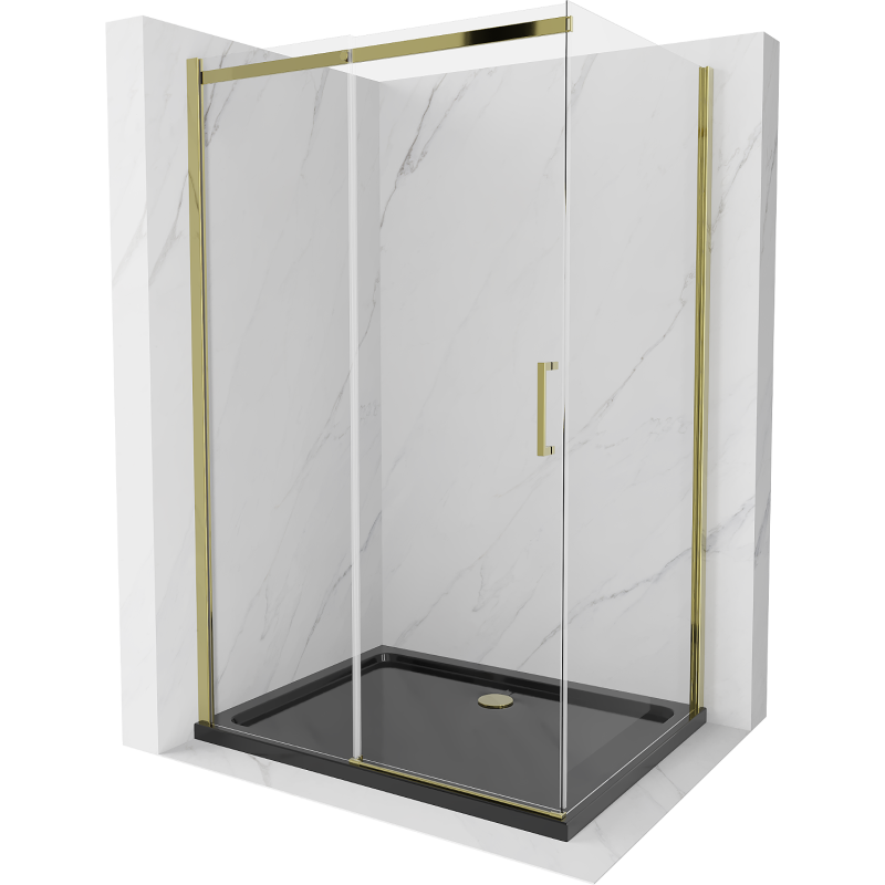 Mexen Omega плъзгаща се душ кабина 120 x 90 см, прозрачна, златна + корито Flat,