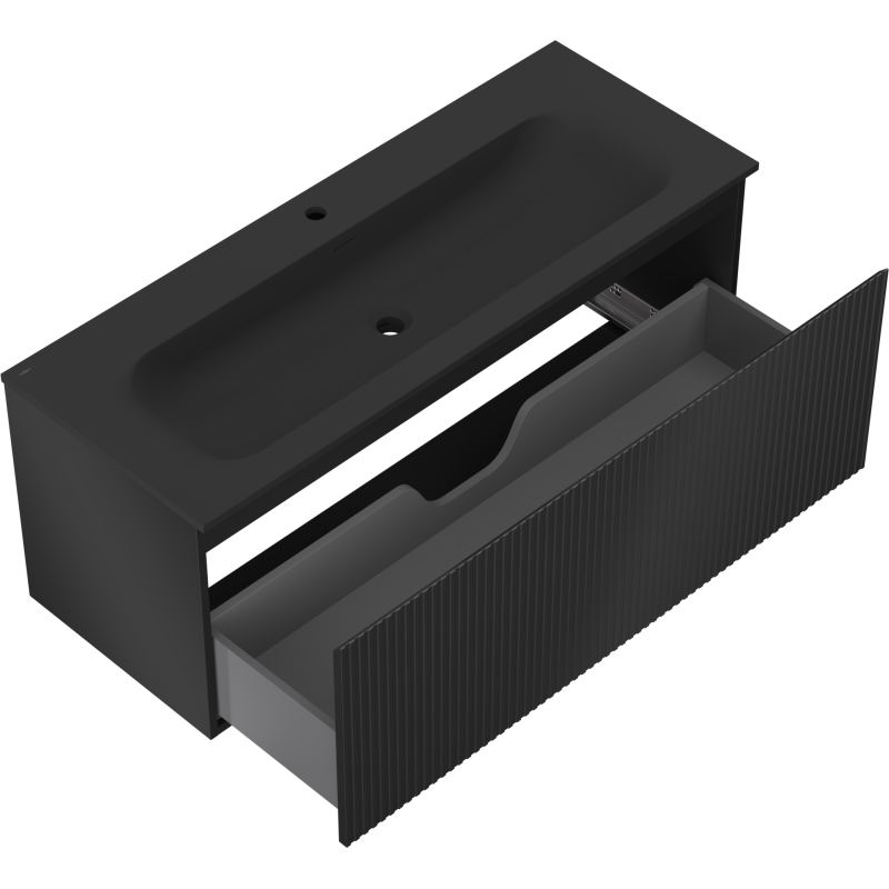 Mexen Rivel шкаф за баня 120 см с умивалник Vela, 1 чекмедже, оребрена, черна мат