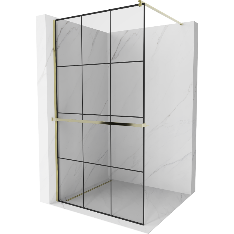 Mexen Kioto+ душ стена с рафт Walk-in 110 x 200 см, черна решетка, златна - 800-110-121-50-77