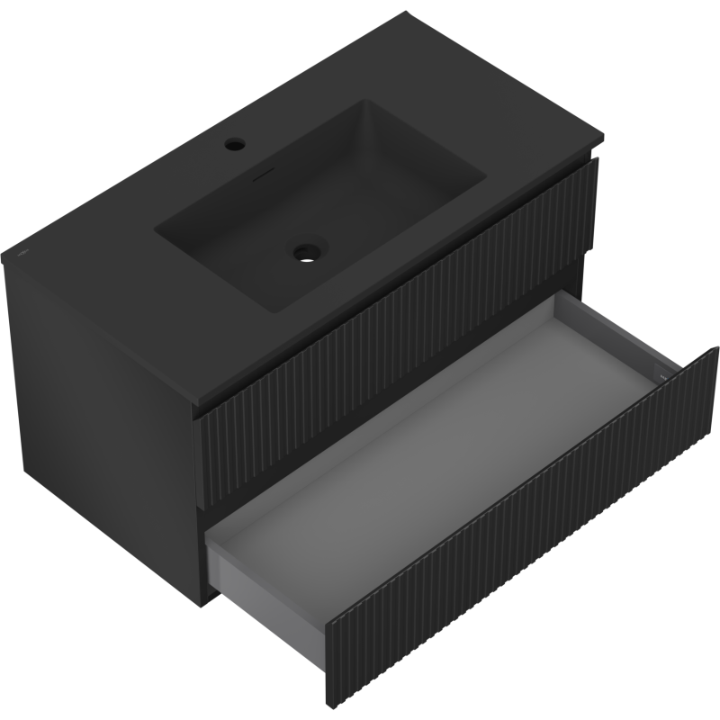 Mexen Rivel шкафче за баня 90 см с мивка Otis, 2 чекмеджета, оребрено, черен мат