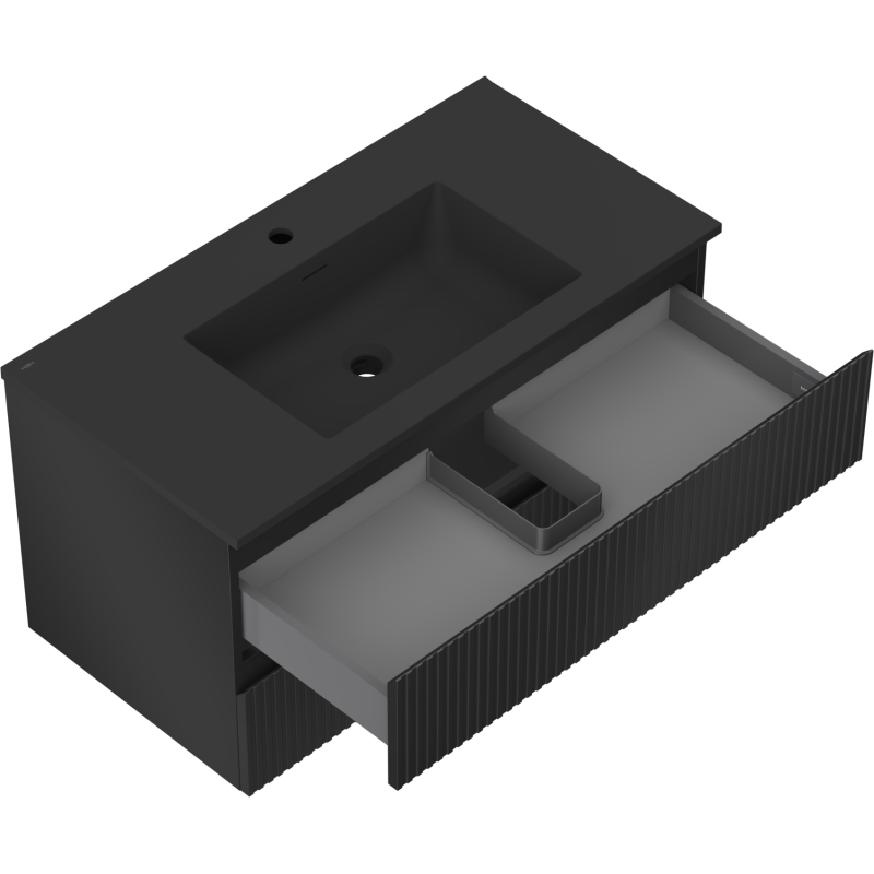 Mexen Rivel шкафче за баня 90 см с мивка Otis, 2 чекмеджета, оребрено, черен мат