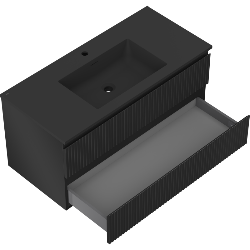 Mexen Rivel шкаф за баня 100 см с мивка Otis, 2 чекмеджета, оребрен, черен мат - 91A20-10047-2-BFF71-W18M71