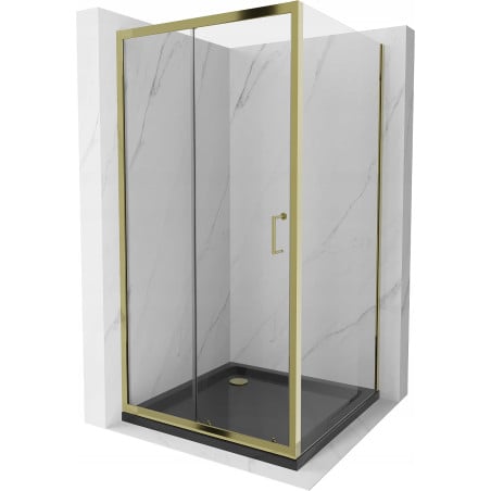 Mexen Apia плъзгаща се душкабина 90 x 90 см, прозрачна, златна + тава Flat, черна