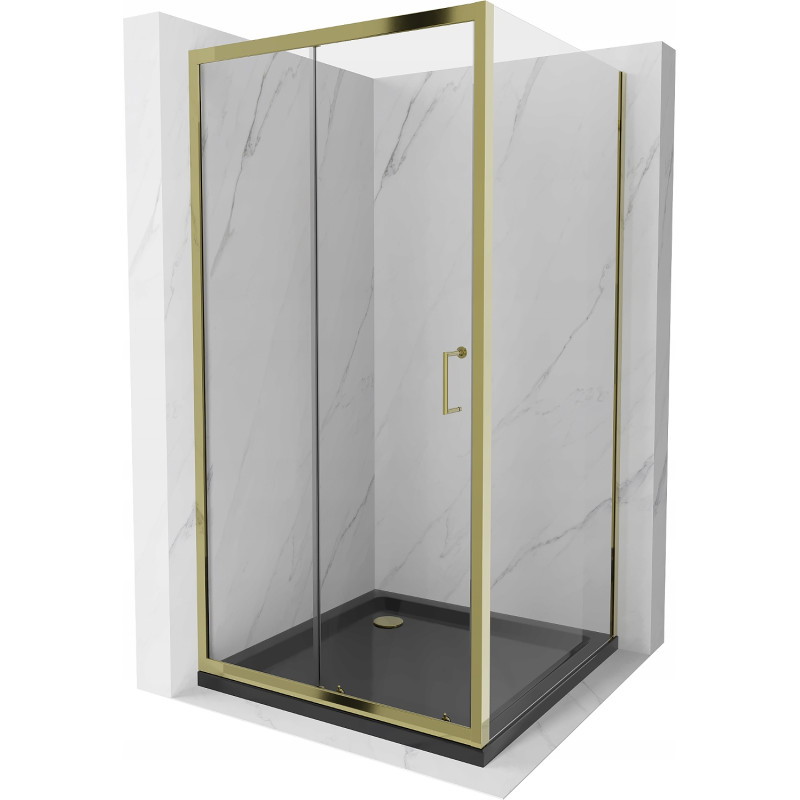 Mexen Apia плъзгаща се душ кабина 100 x 100 см, прозрачна, златна + корито Flat,