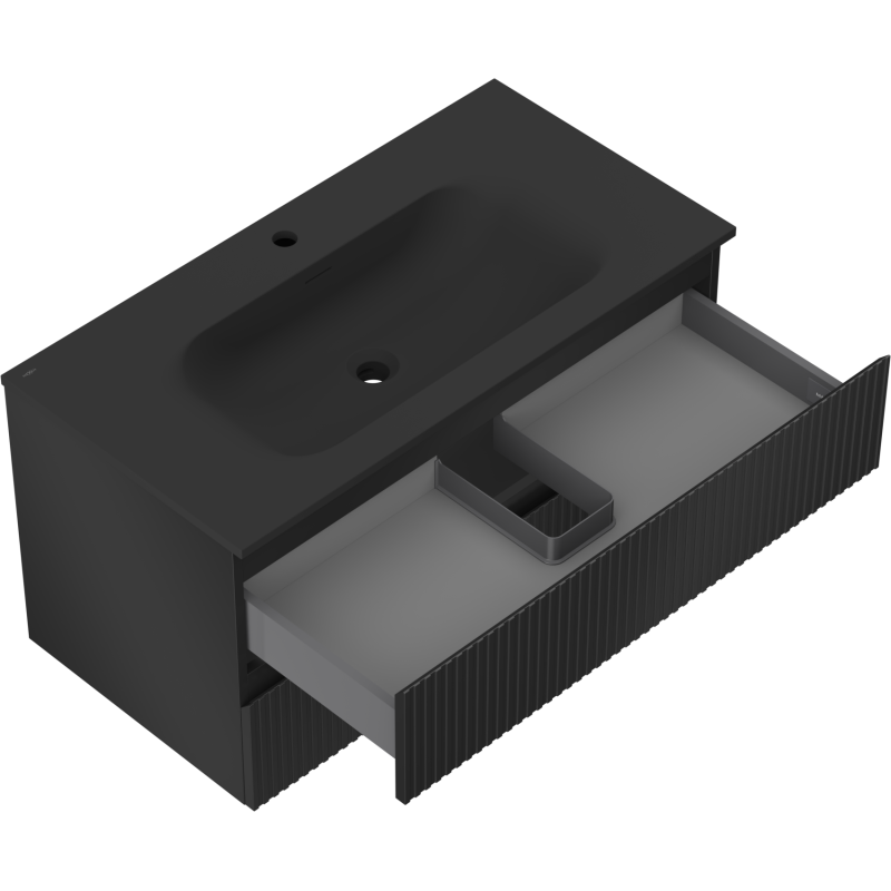 Mexen Rivel баня шкаф 90 см с умивалник Vela, 2 чекмеджета, рифлована, черен мат - 91A20-09047-2-BFF71-W23M71