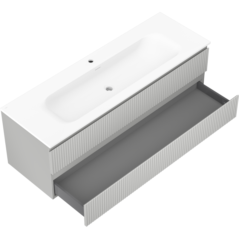 Mexen Rivel шкаф за баня 140 см с мивка Vela, 2 чекмеджета, оребрена, сив мат/бял