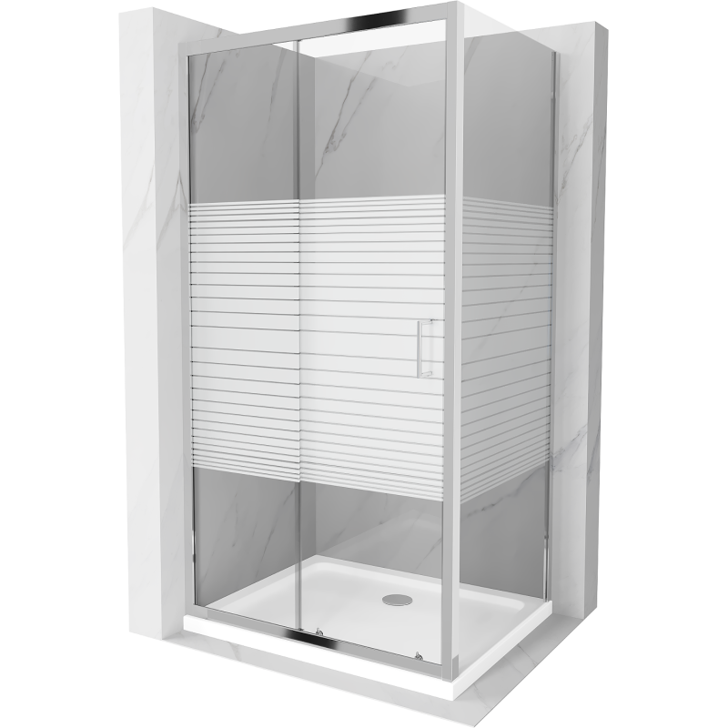 Mexen Apia плъзгаща се душ кабина 140 x 80 см, бели ленти, хром + корито Flat - 840-140-080-01-20-4010