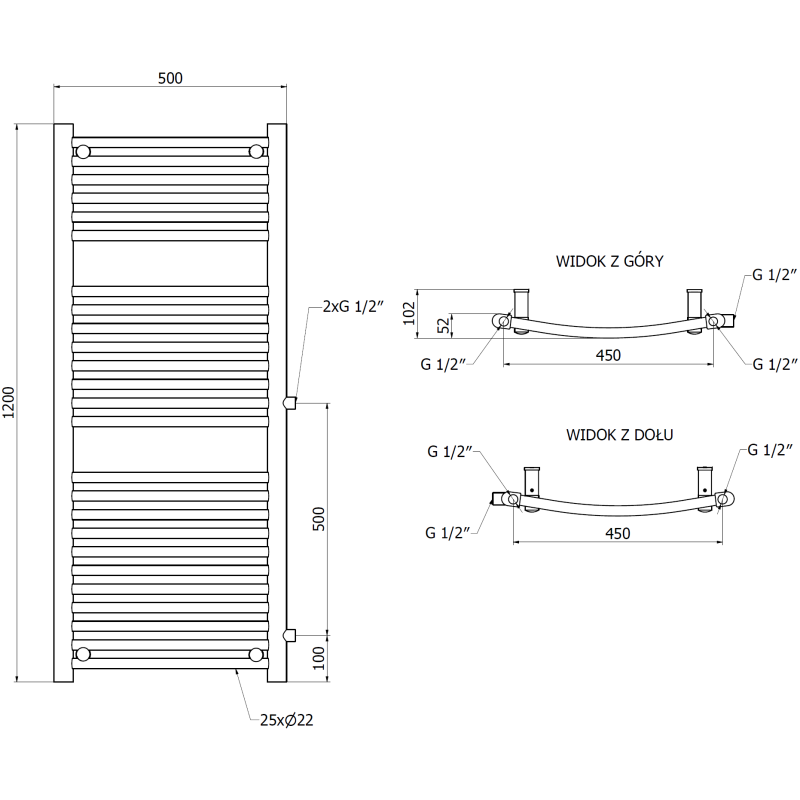 Mexen Ares страничен радиатор за баня 1200 x 500 мм, 531 W, черен - W102-1200-500-00-70-S
