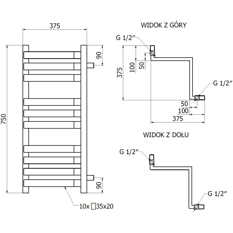 Mexen Loop ъглов отоплител за баня 750 x 375 mm, 413 W, бял - W129-0750-350-00-20