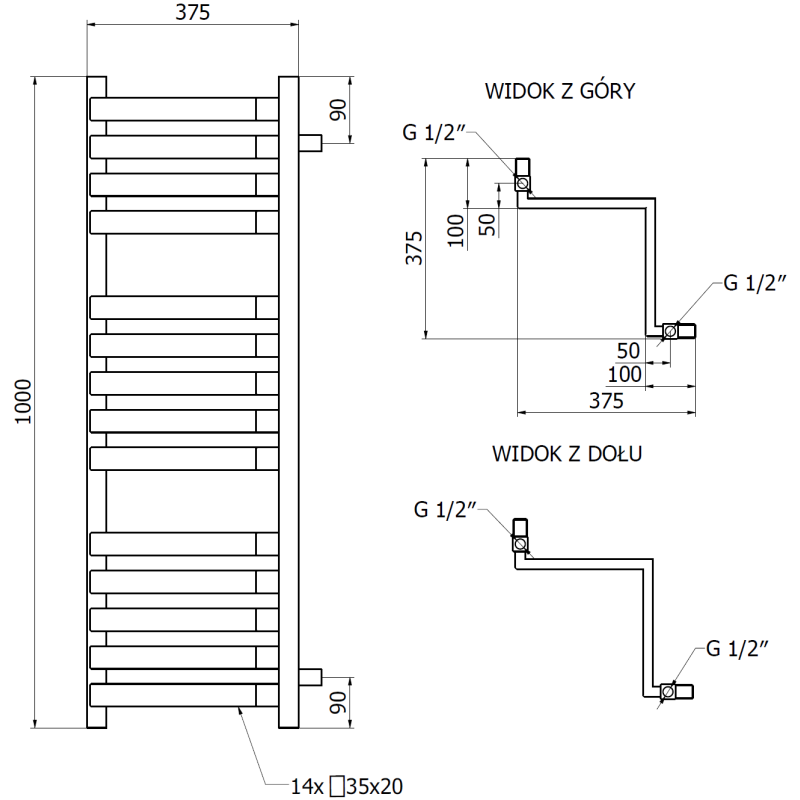 Mexen Loop ъглов отоплител за баня 1000 x 375 мм, 572 W, антрацит - W129-1000-350-00-66