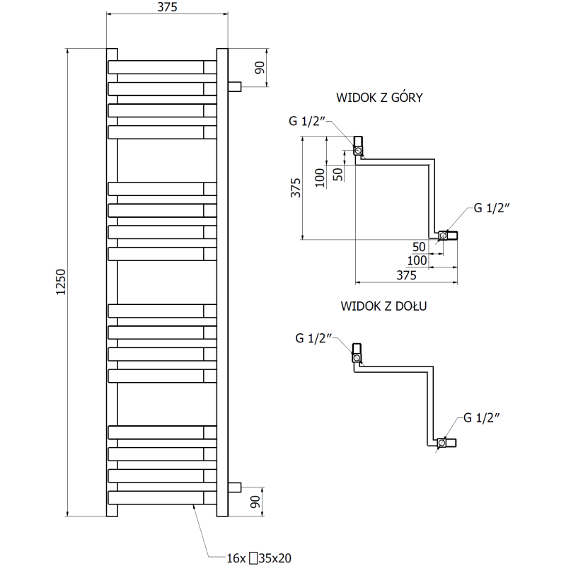 Mexen Loop радиатор за баня 1250 x 375 мм, 666 W, антрацит - W129-1250-350-00-66