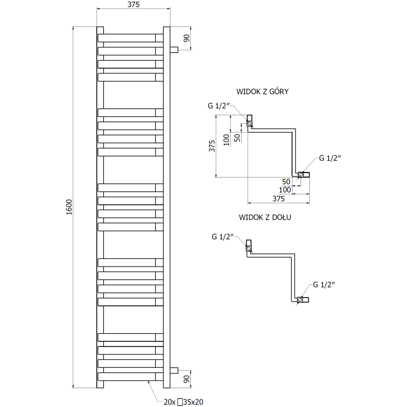 Mexen Loop радиатор за баня 1600 x 375 mm, 837 W, антрацит - W129-1600-350-00-66