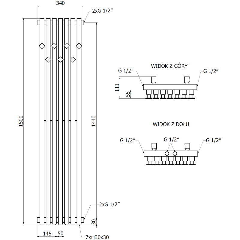 Mexen Flux декоративен радиатор за баня 1500 x 340 мм, 630 W, черен - W127-1500-340-00-70