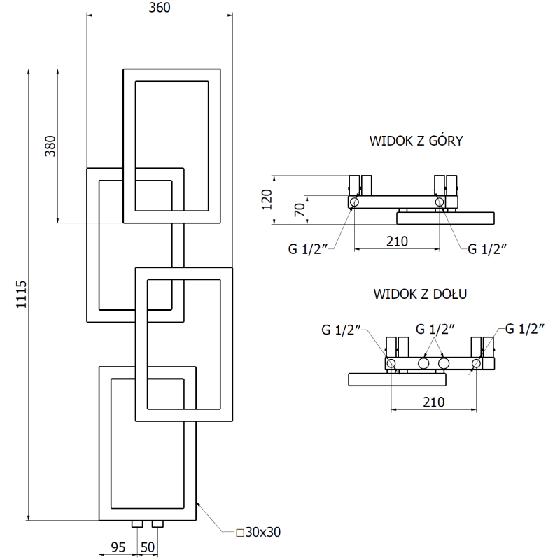 Mexen Grid декоративен радиатор за баня 1115 x 360 мм, 279 W, черен - W215-1115-360-00-70