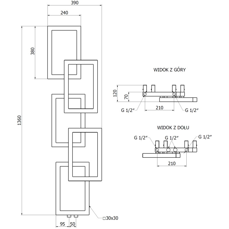 Mexen Grid декоративен радиатор за баня 1360 x 390 mm, 349 W, черен - W215-1360-390-00-70