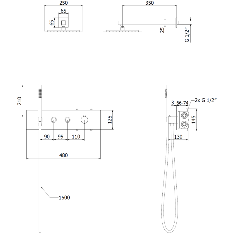 Mexen Azul вграден душ комплект, черен - 7629-03-70