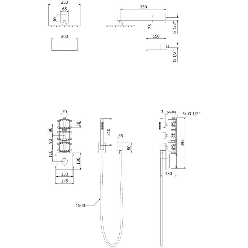 Mexen Boka вграден душ комплект, черен - 7603-03-70