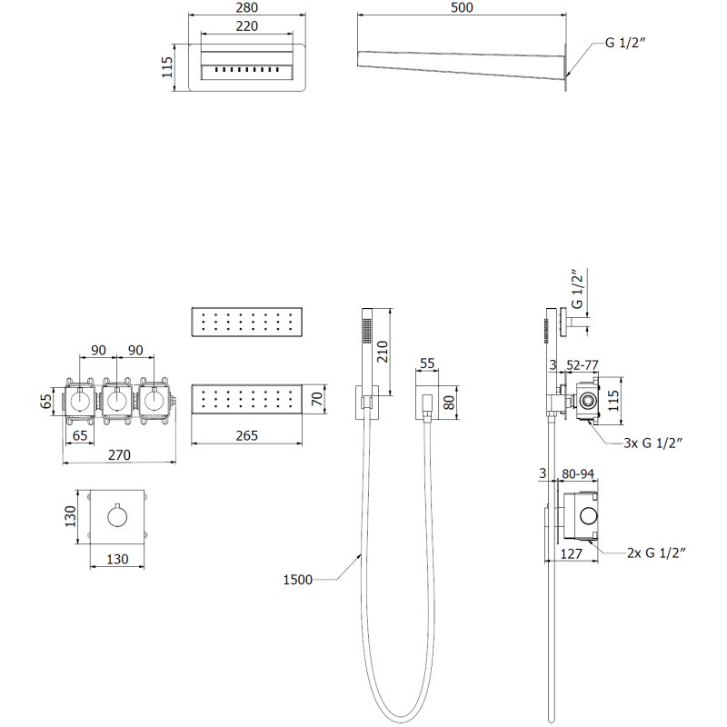 Mexen Fall вграден душ комплект, черен - 7602-04-70