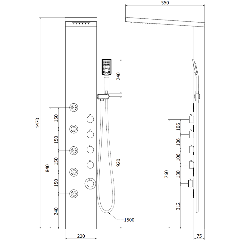 Mexen Lando панел за душ, черен - 7611-04-70