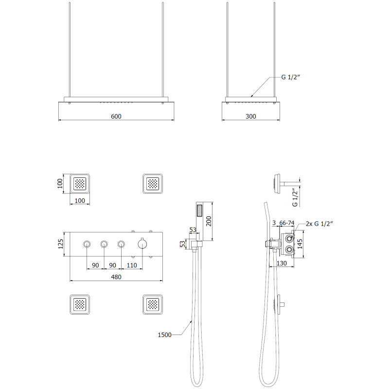 Mexen Soler вградена душ система, черна - 7601-04-70