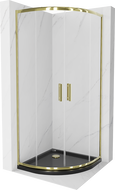 Mexen Rio полукръгла душ кабина 90 x 90 см, прозрачна, златна + плосък душ корито, черен - 863-090-090-50-00-4170G
