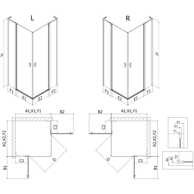 Mexen Mist L Duo душ кабина с отварящи се врати 95 x 95 см, черна решетка, черна - 8A4L-095L-095P-70-77