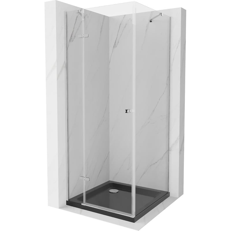 Mexen Рома душ кабина с отваряеми врати 80 x 80 см, прозрачна, хром + поддон Flat, черен - 854-080-080-01-00-4070