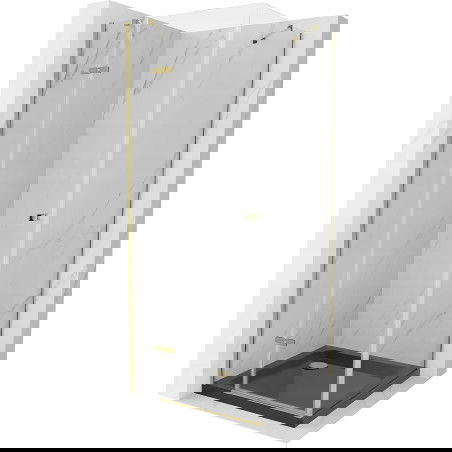 Mexen Roma душ кабина с отваряеми врати 80 x 80 см, прозрачна, златна + поддушово корито Flat, черно - 854-080-080-50-00-4070G