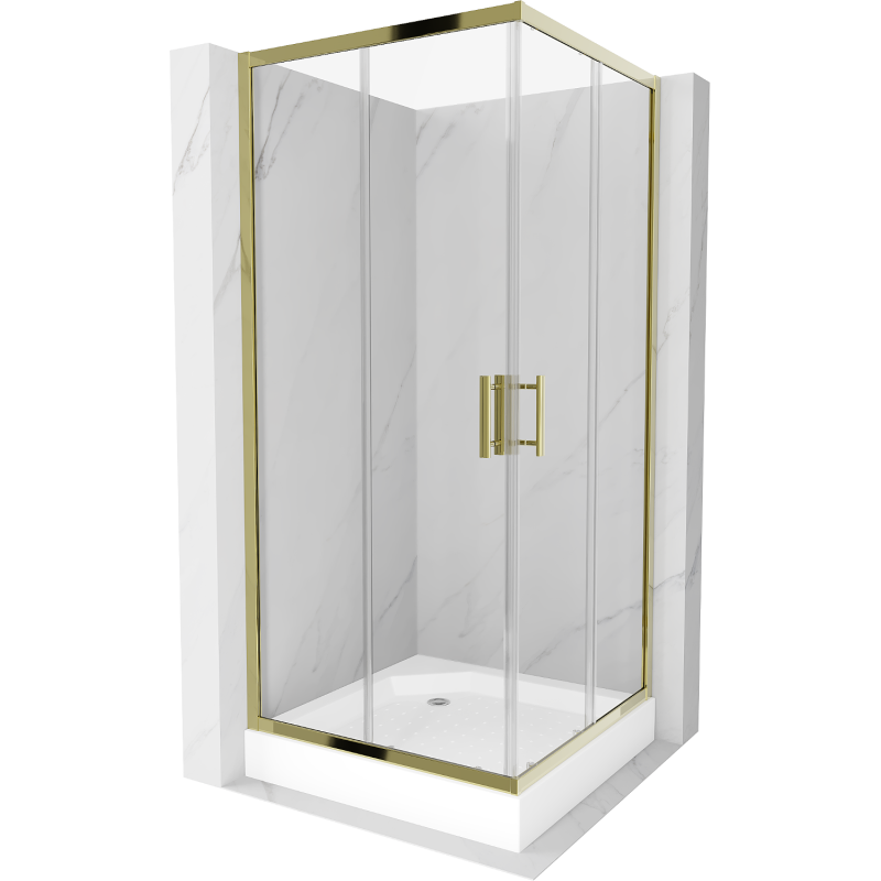 Mexen Rio квадратна душ кабина 90 x 90 cm, прозрачна, златиста + бял душ корито Rio - 860-090-090-50-00-4510