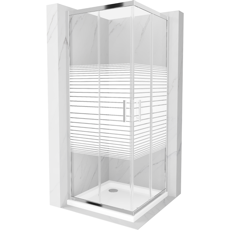 Mexen Rio квадратна душ кабина 80 x 80 см, бели ивици, хром + плосък поддушов съд, бял - 860-080-080-01-20-4010