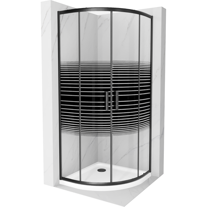 Mexen Rio полукръгла душ кабина 80 x 80 см, черни ивици, черна + плитък поддушово корито, бял - 863-080-080-70-20-4110B